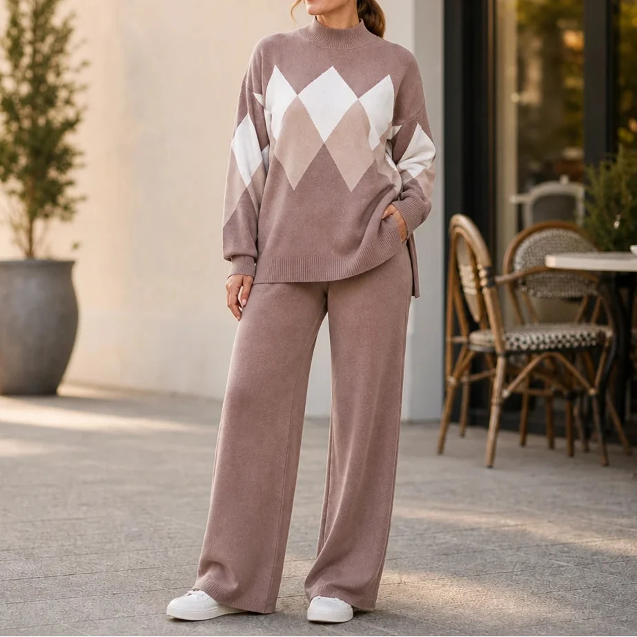 Argyle Ease – Argyle Knit Sweater And Wide-Leg Trouser Set