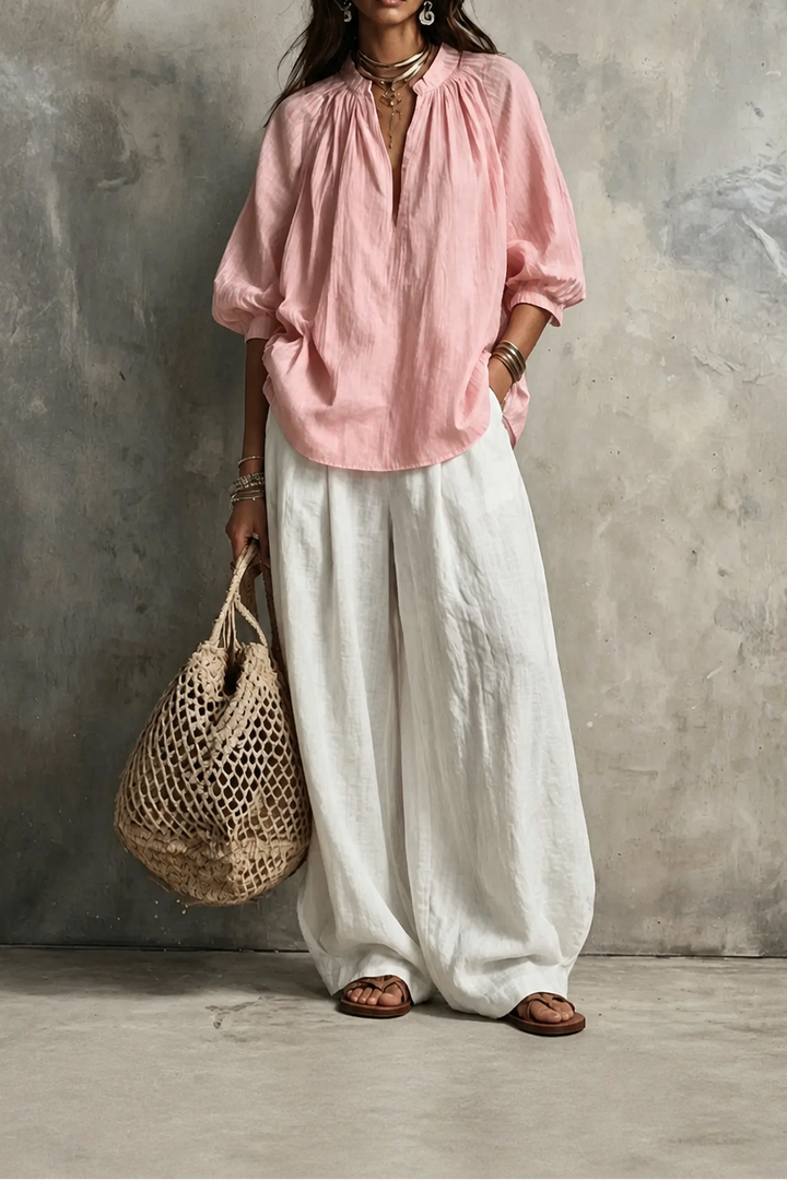 Amselle – Ruched Collar Blouse And Wide Leg Pants Set