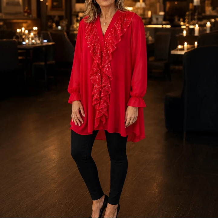 Vellora – Sequin Ruffle V-Neck Blouse