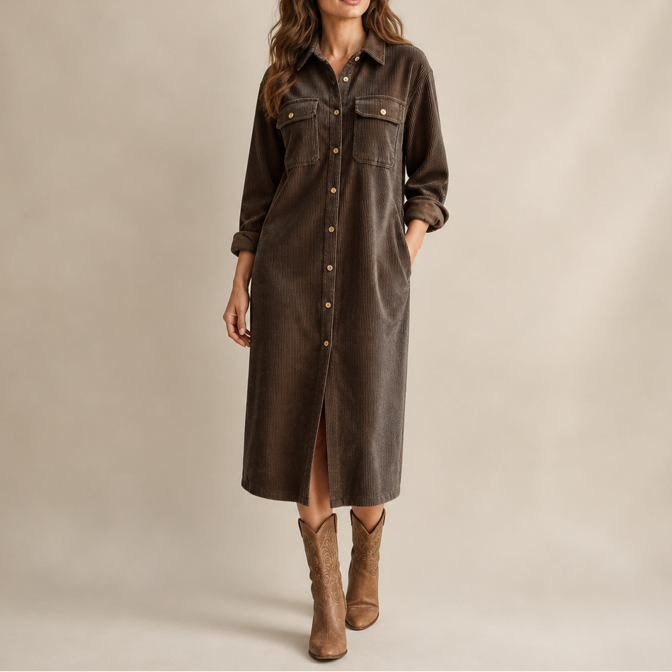 Corvella – Ribbed Corduroy Button-Front Shirt Dress
