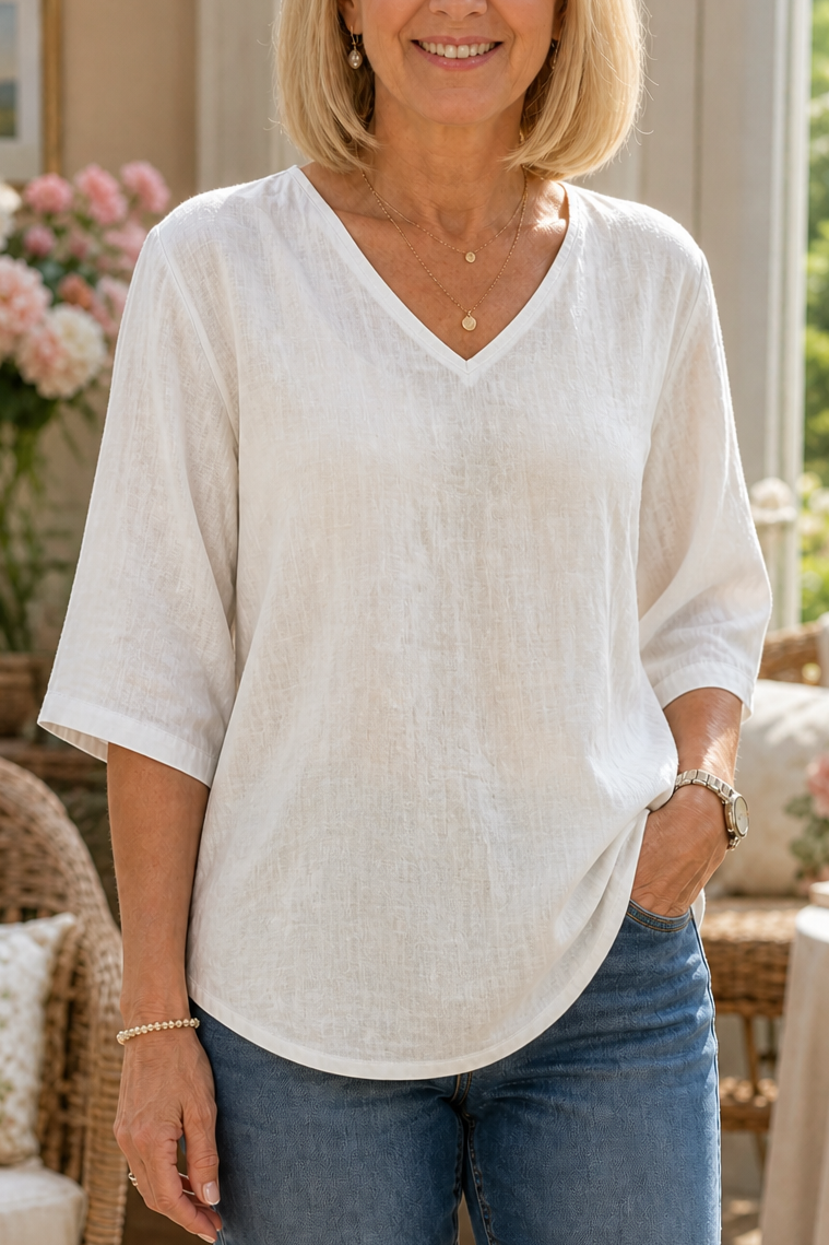 Easa – V-Neck Relaxed-Fit Three-Quarter Sleeve Blouse
