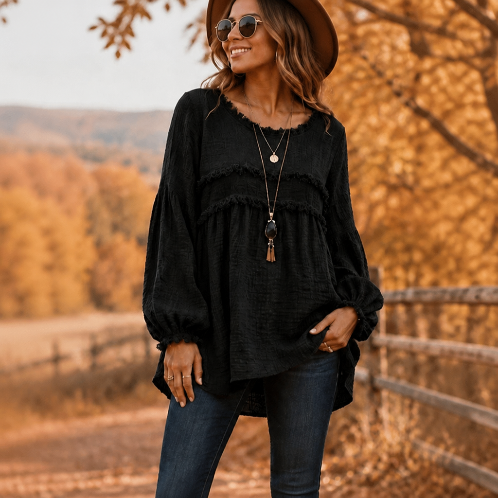 Wovella – Fringe-Trim Pleated-Sleeve Boho Blouse