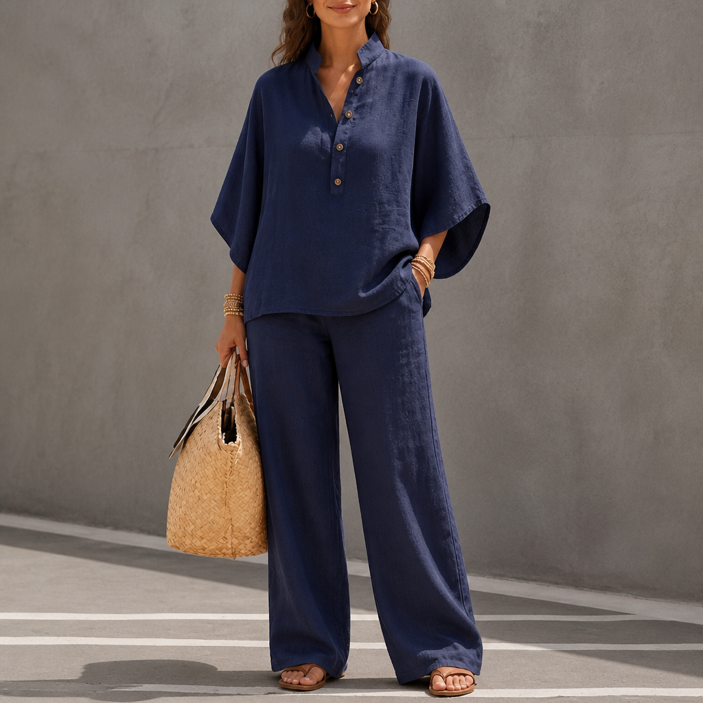 Wearlinne – Stand Collar Batwing Sleeve Linen Set