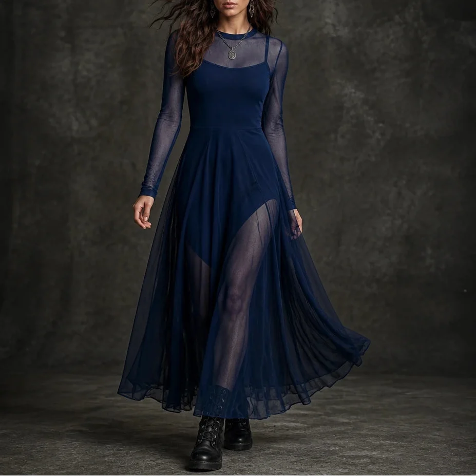 Noctelle – Tulle Patchwork Black Maxi Dress
