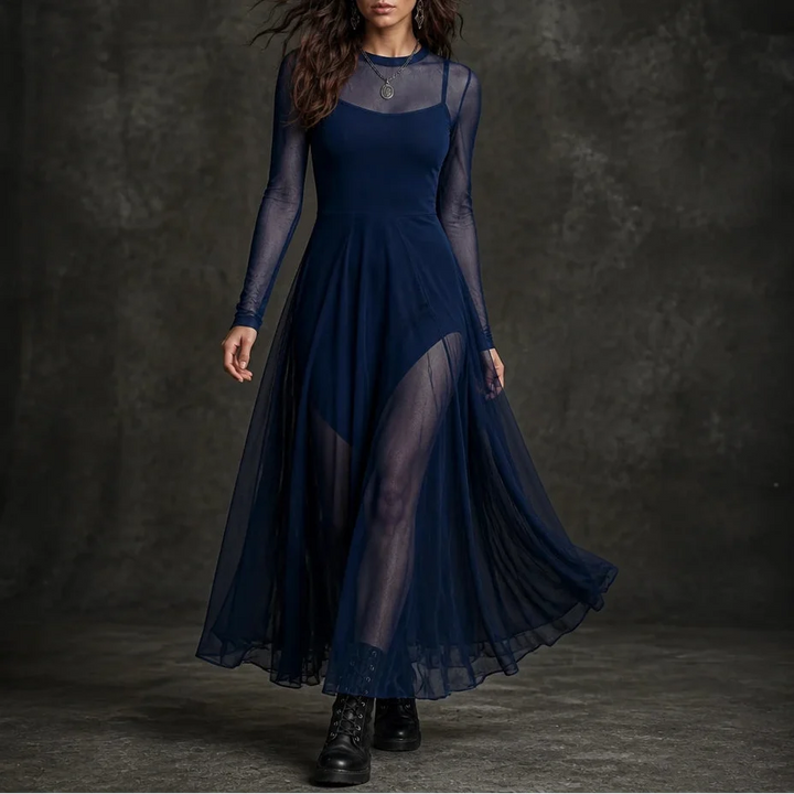 Noctelle – Tulle Patchwork Black Maxi Dress