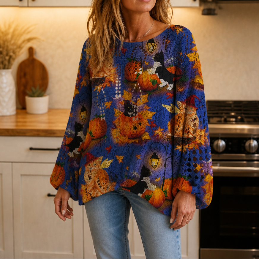 Harvestknit – Pumpkin And Bat Intarsia Knit Sweater