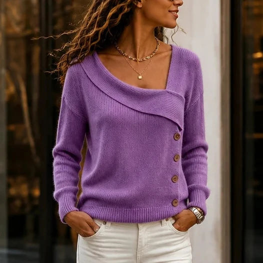 Foldelle – Asymmetrical Fold-Over Collar Knit Sweater