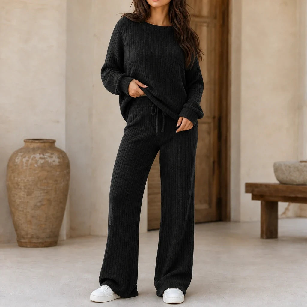 Softhaven – Ribbed Drop-Shoulder Sweater And Wide-Leg Pants Set