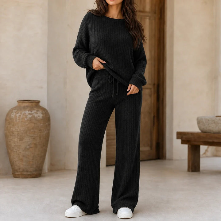 Softhaven – Ribbed Drop-Shoulder Sweater And Wide-Leg Pants Set