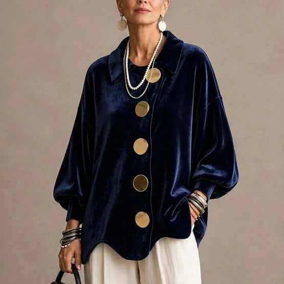 Velvara – Gold Button Velvet-Look Blouse