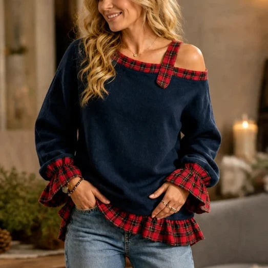 Plaidella – Plaid Ruffle Off-Shoulder Sweatshirt