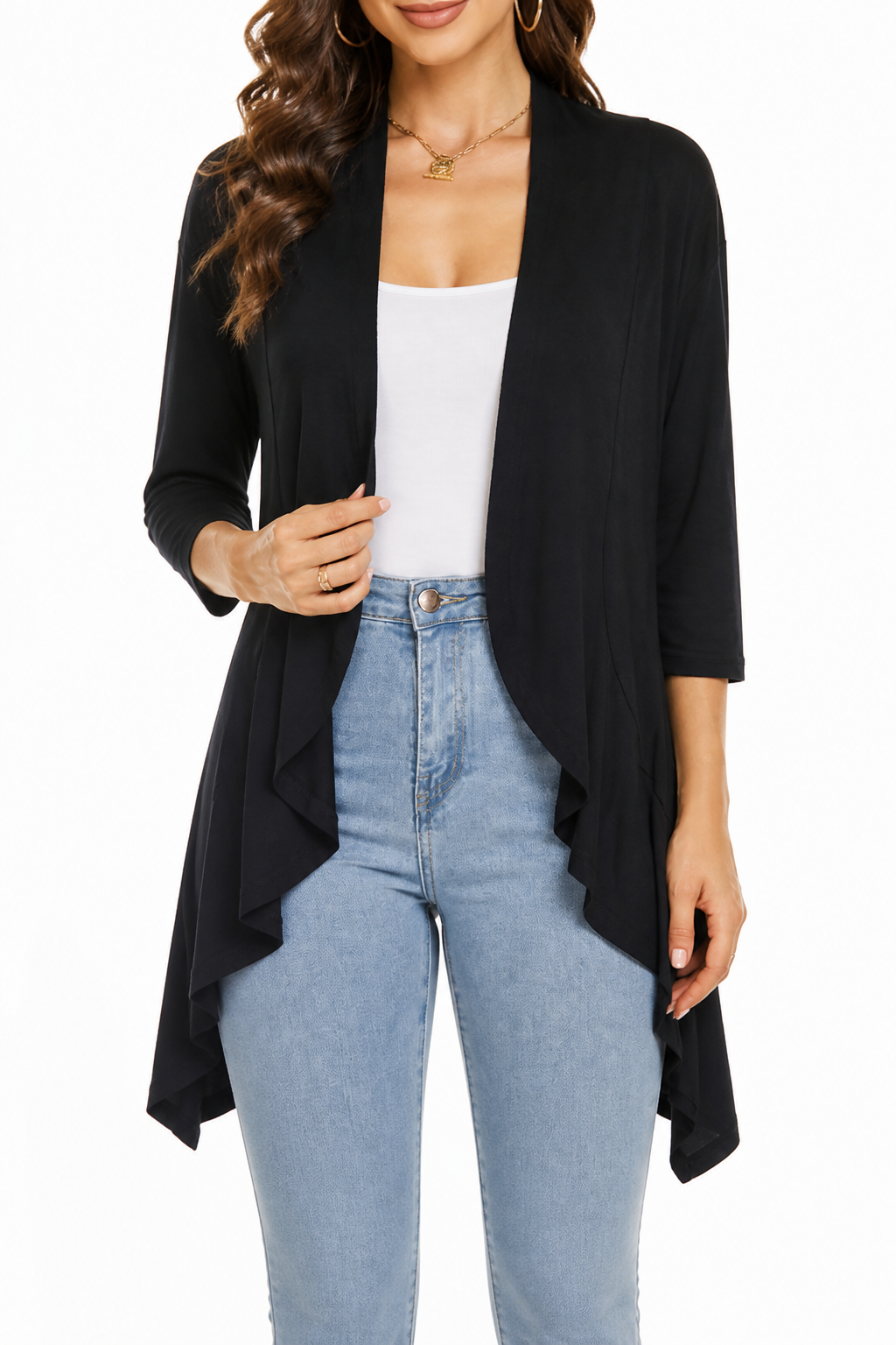 Wearbella – 3/4 Sleeve Open Front Waterfall Cardigan