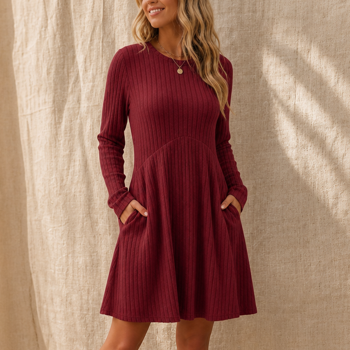 Vivelyn – High-Waisted Ribbed A-Line Midi Dress
