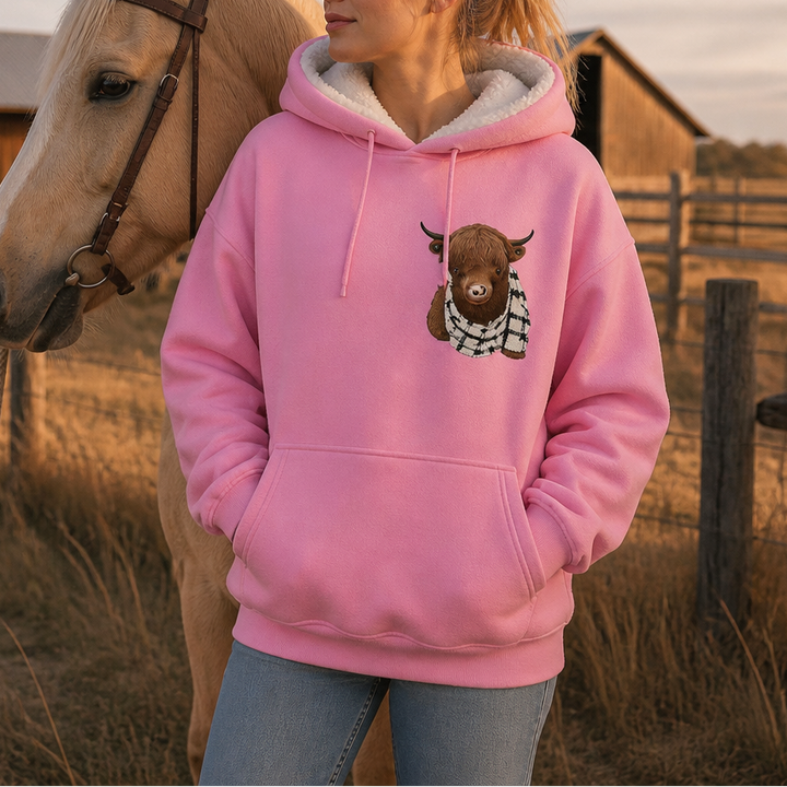 Highland Hearth – Fleece-Lined Highland Cow Graphic Hoodie
