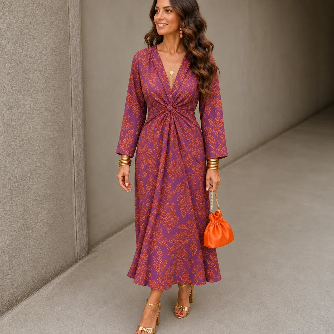 Isabella – V-Neck Fitted-Waist Printed Midi Dress