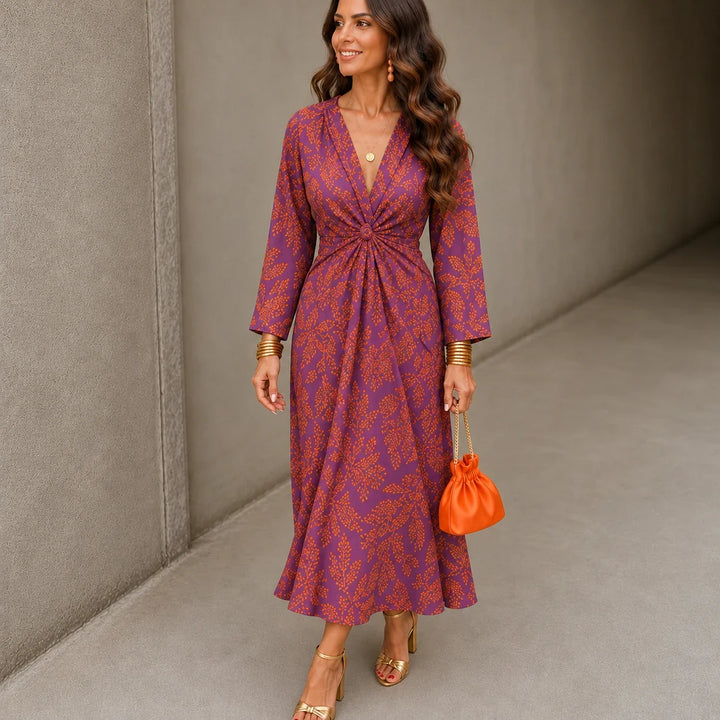 Isabella – V-Neck Fitted-Waist Printed Midi Dress