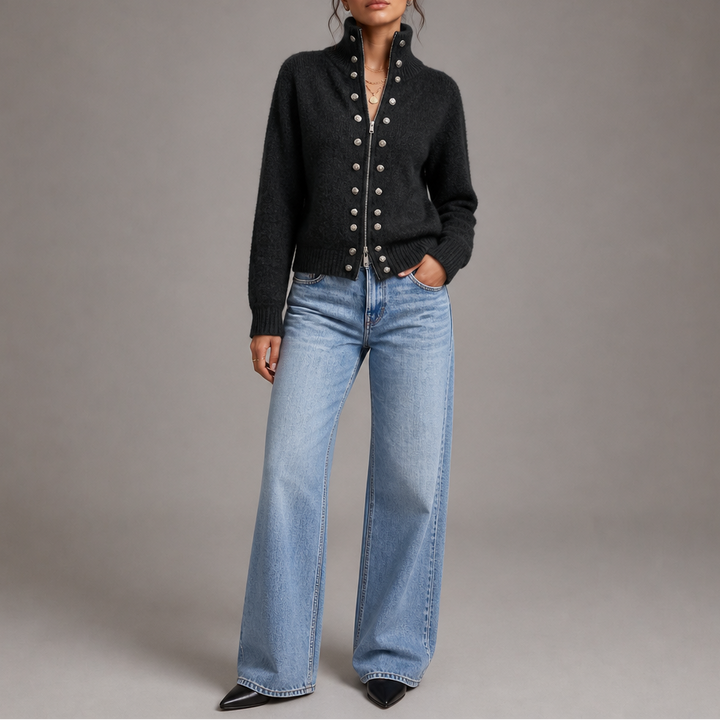 Wearvale – Two-Way Zip High-Neck Knit Cardigan