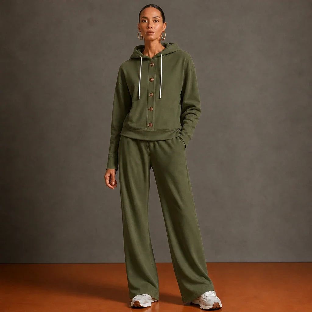 French Terry Button-Front Hoodie And Wide-Leg Sweatpants Set