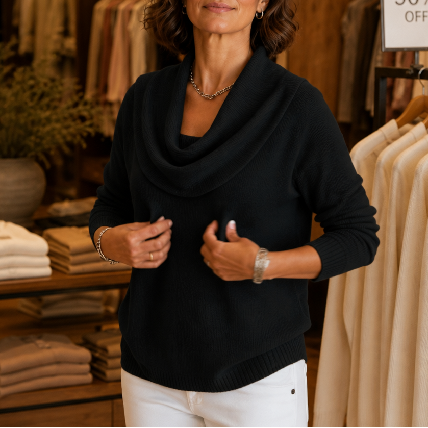 Draveline – Cowl Neck Drape Knit Sweater