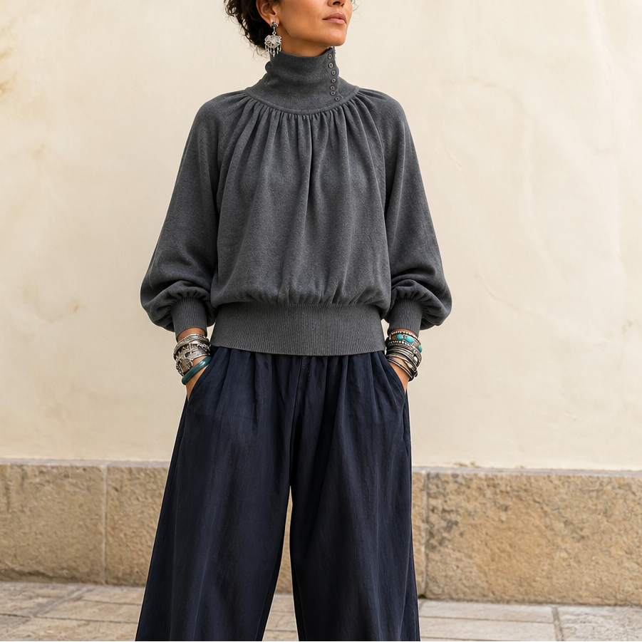 Pleatelle – Pleated Shoulder Lantern Sleeve Knit Sweater
