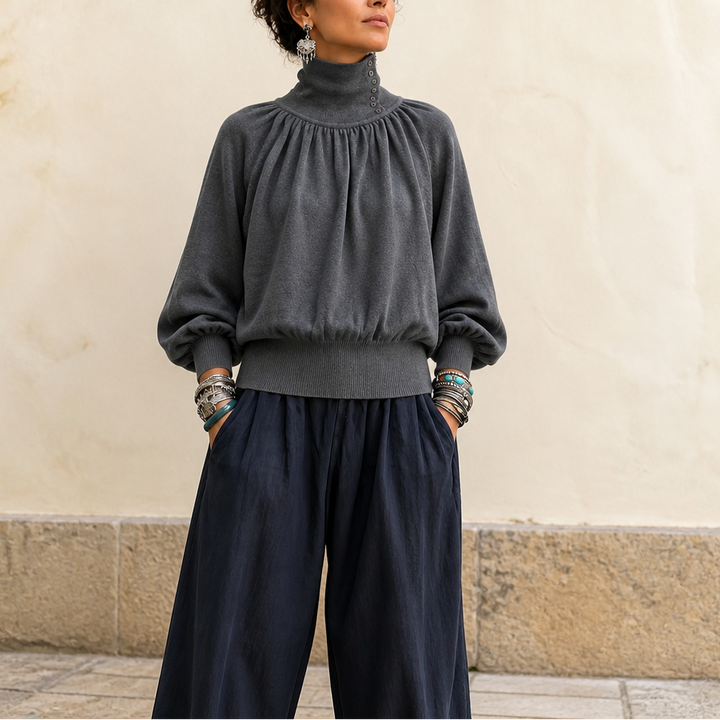 Pleatelle – Pleated Shoulder Lantern Sleeve Knit Sweater