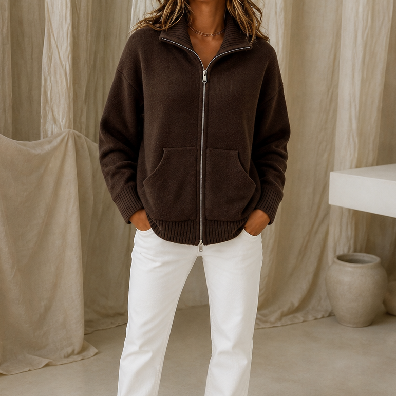 Wearbella – Zip-Front Ribbed Collar Knit Cardigan