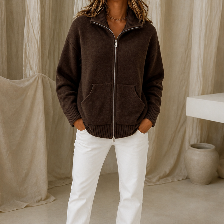 Wearbella – Zip-Front Ribbed Collar Knit Cardigan