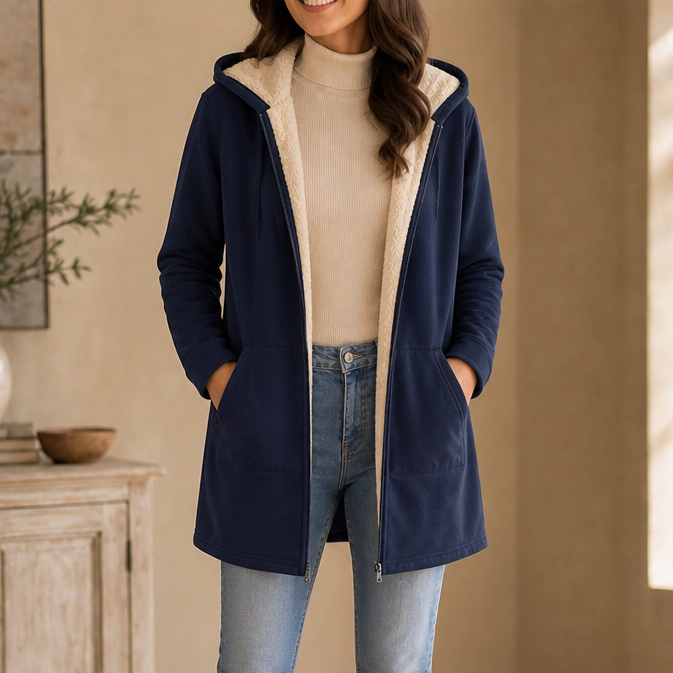 Cozelle – Fleece-Lined Look Hooded Mid-Length Jacket