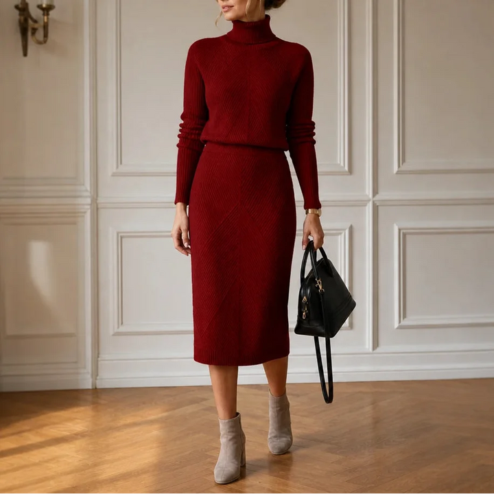 Veluna – Ribbed Turtleneck Sweater And Skirt Set