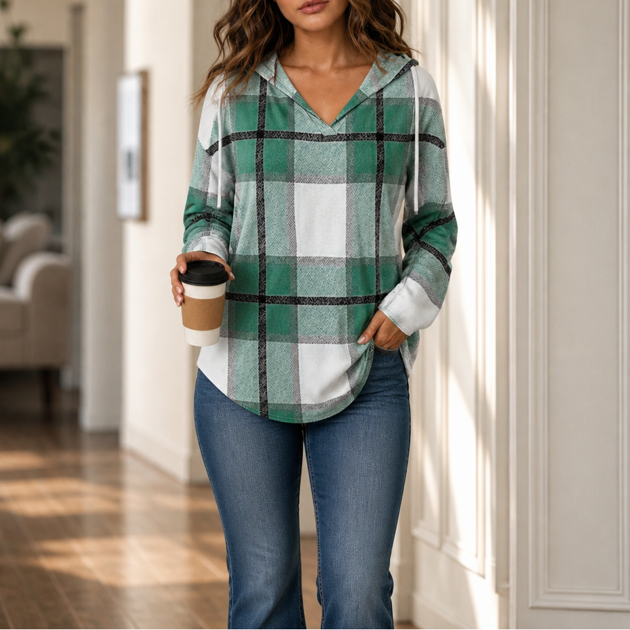 Plaidwell – Drawstring V-Neck Hooded Plaid Top