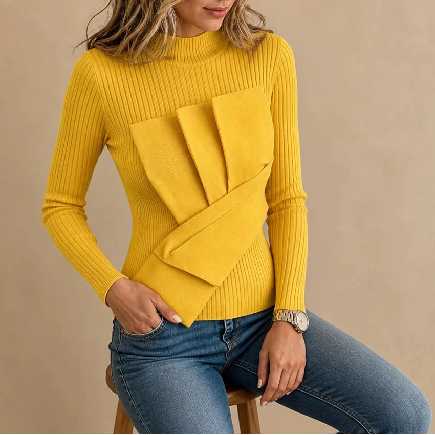 Pleatelle – Pleated Mock-Neck Ribbed Top