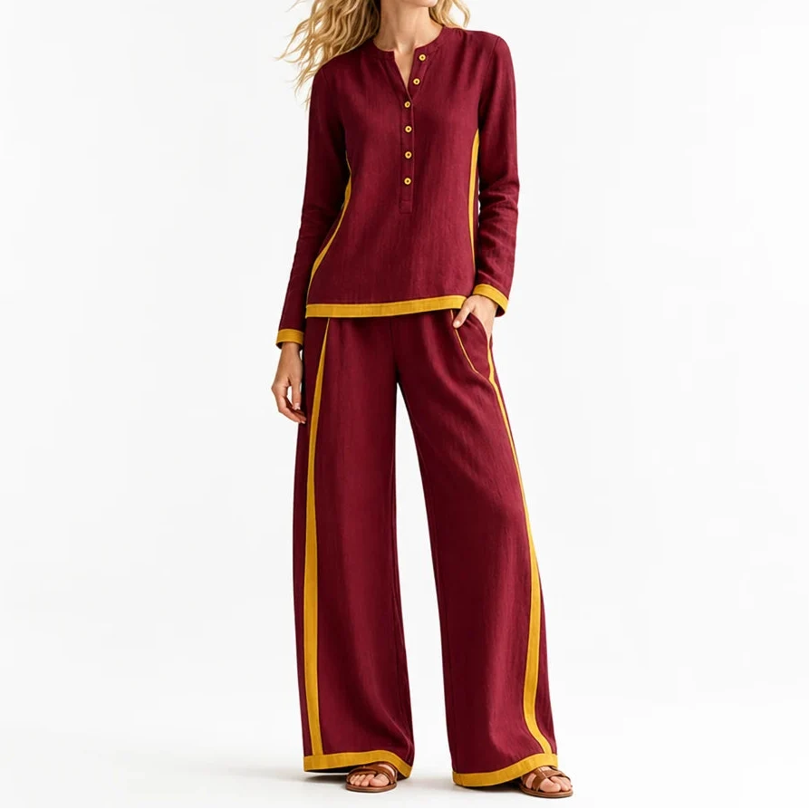 Modaform – Color-Block Long-Sleeve Top And Wide-Leg Pants Set