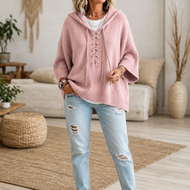 Lunarknit – Lace-Up Deep V Hooded Knit Pullover