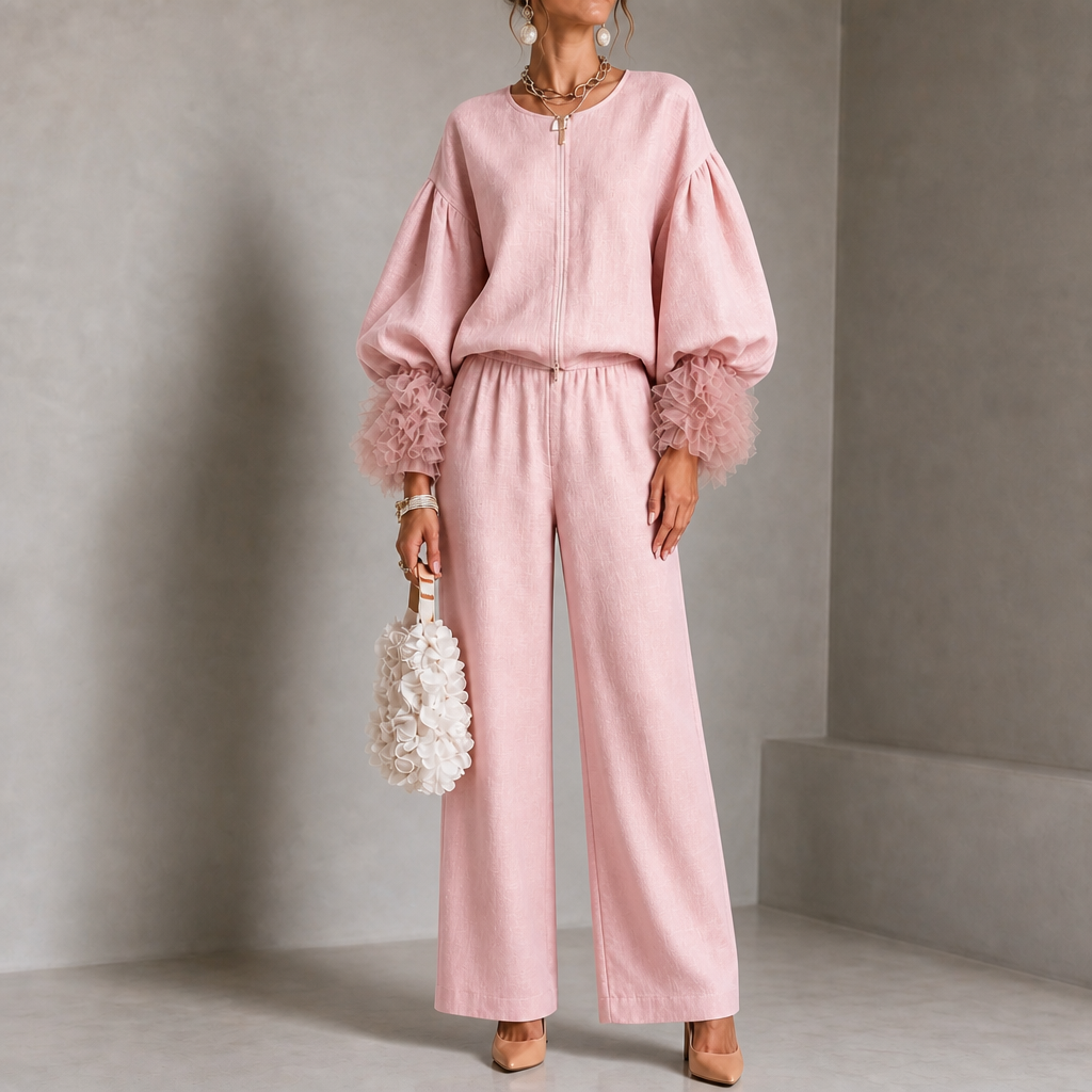 Wearlyn – Tulle-Cuff Balloon Sleeve Top And Pants Set