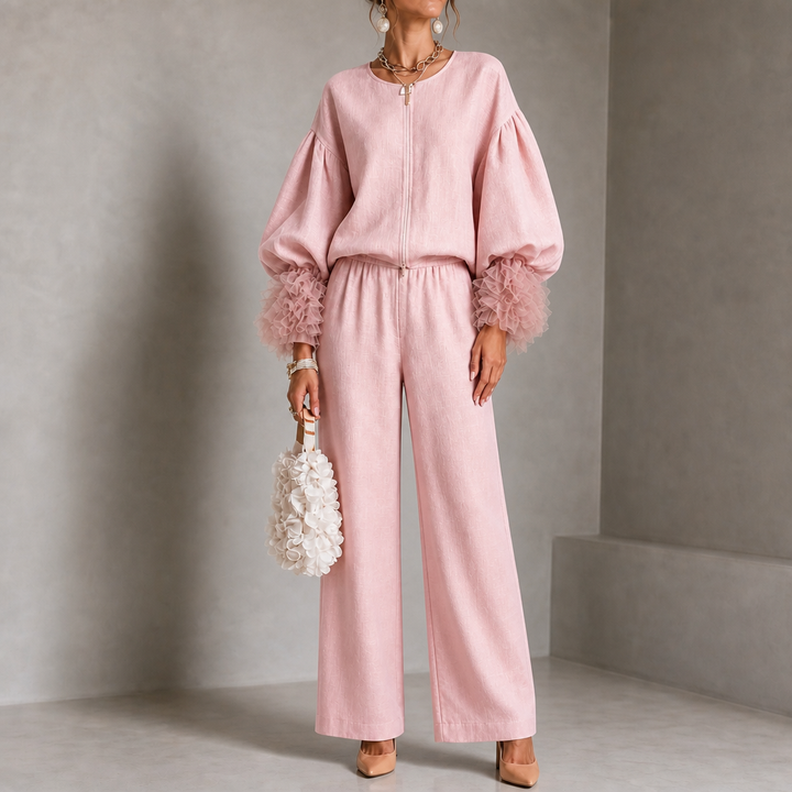 Wearlyn – Tulle-Cuff Balloon Sleeve Top And Pants Set