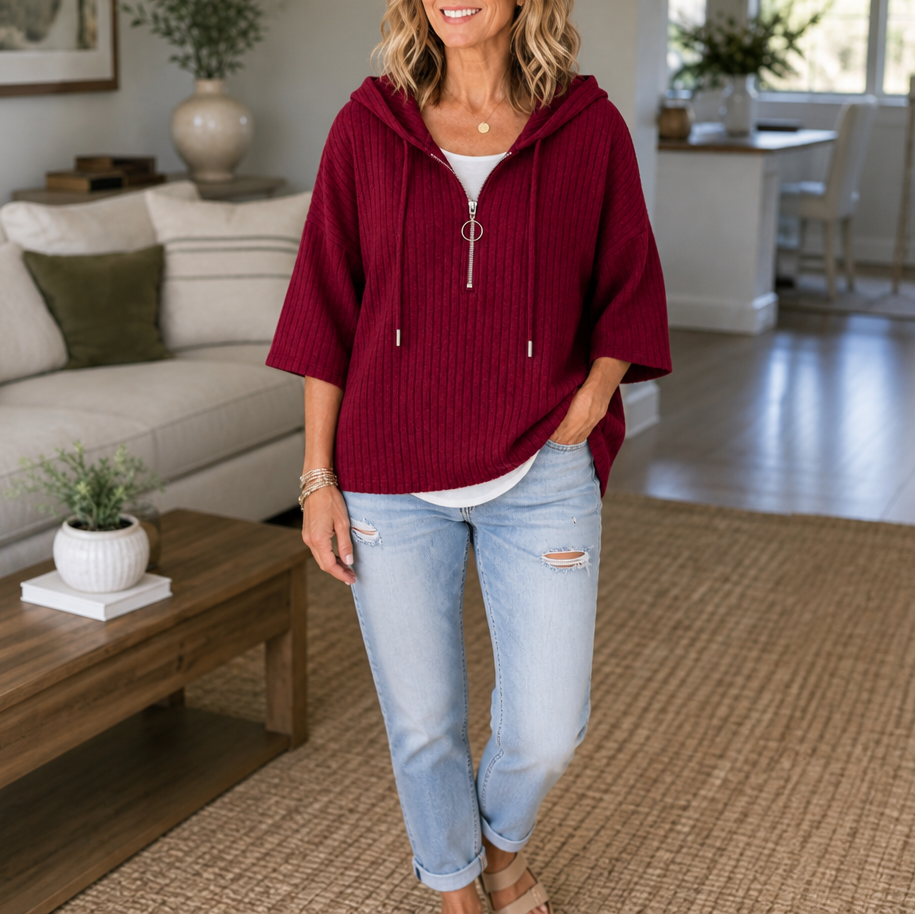 Ribella – Ribbed Half-Zip Hooded Knit Top