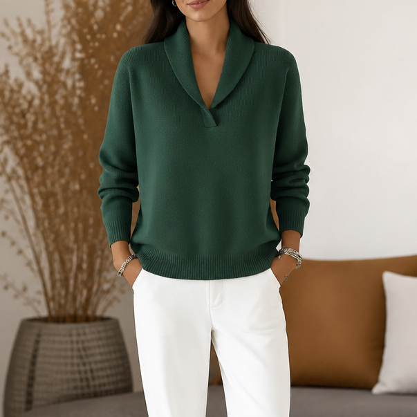 Antonia – Draped Shawl-Collar V-Neck Sweater