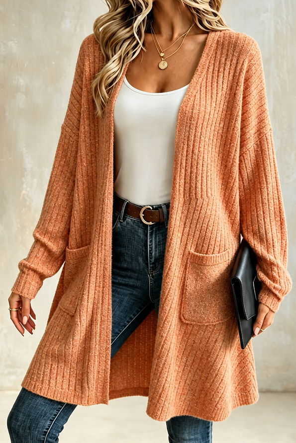Cozelle – Ribbed Duster Open-Front Long Cardigan