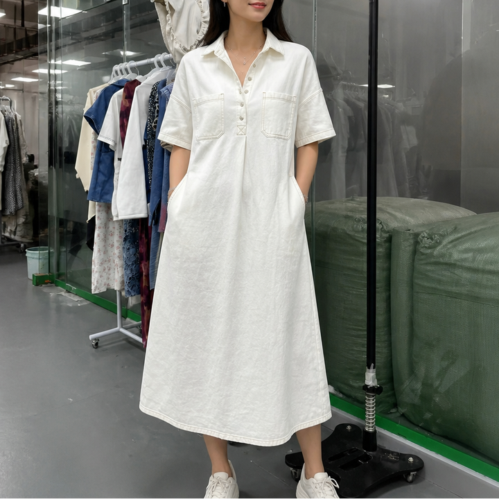 Denimly – Pocketed Shirt Collar Denim Midi Dress