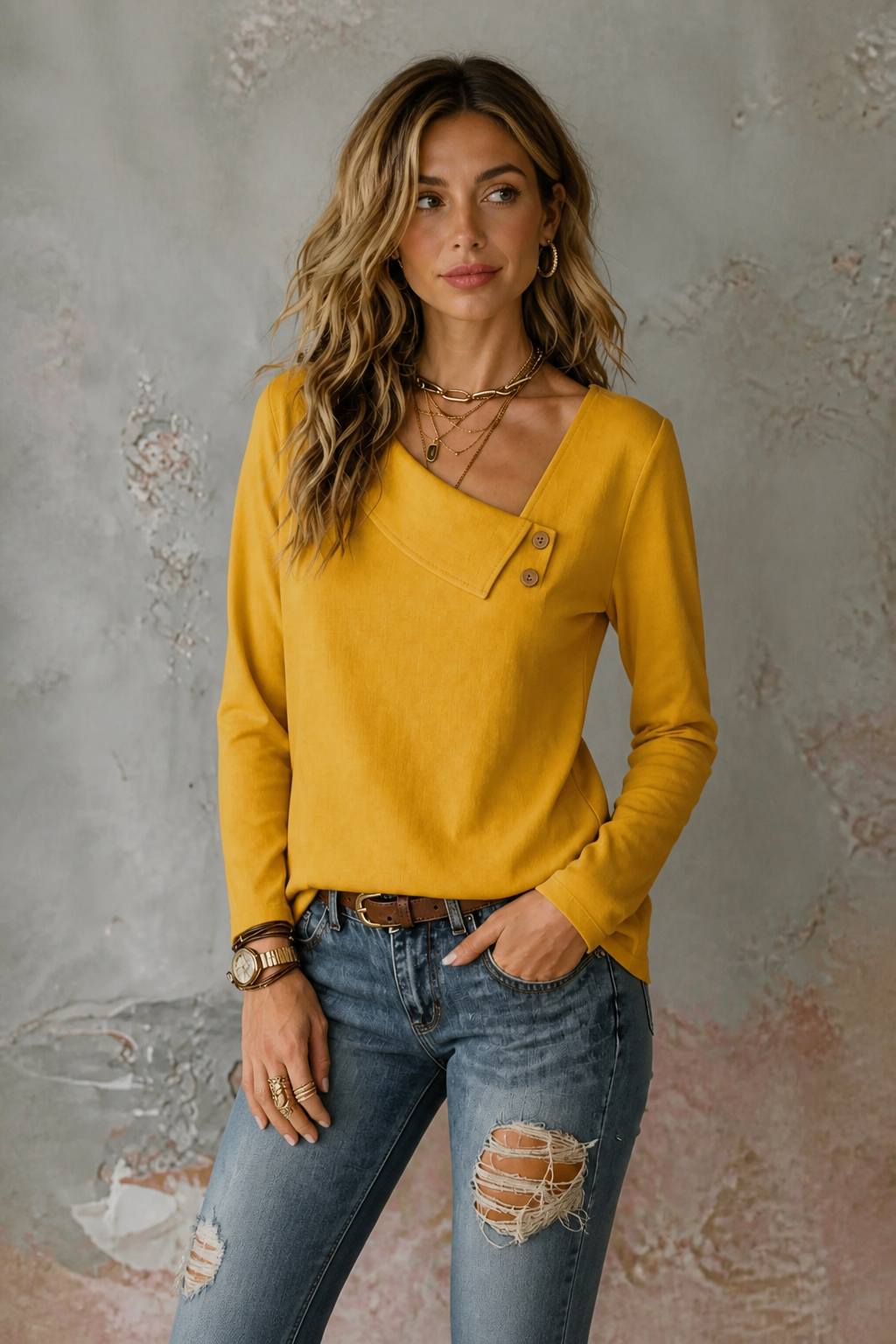Vivelyn – Asymmetrical V-Neck Draped Top