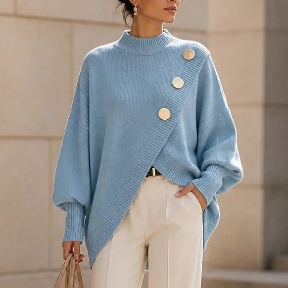 Hemline – Asymmetric Mock-Neck Button Knit Sweater