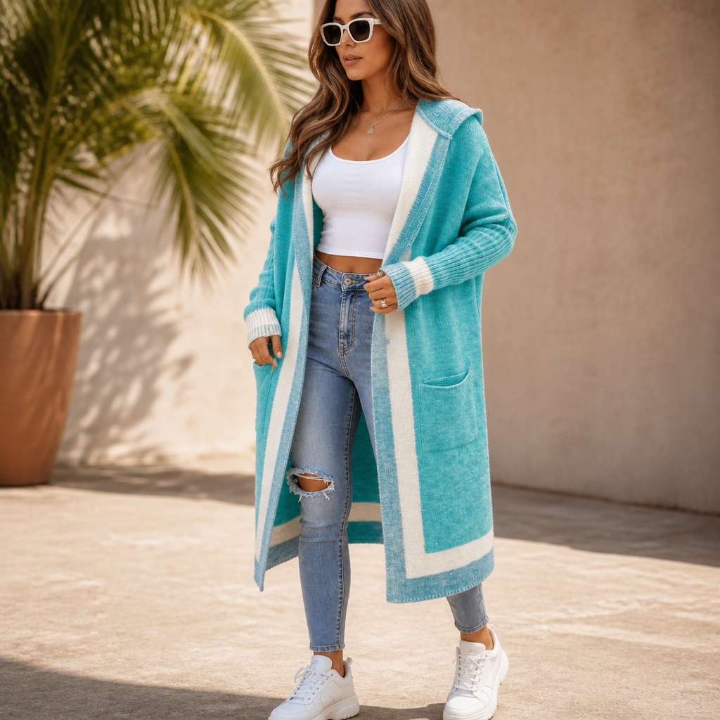 Coshabelle – Color-Block Hooded Long-Line Cardigan