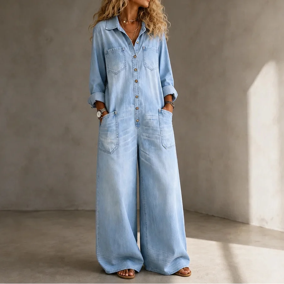 Denimbelle – Button-Front Wide-Leg Denim Jumpsuit