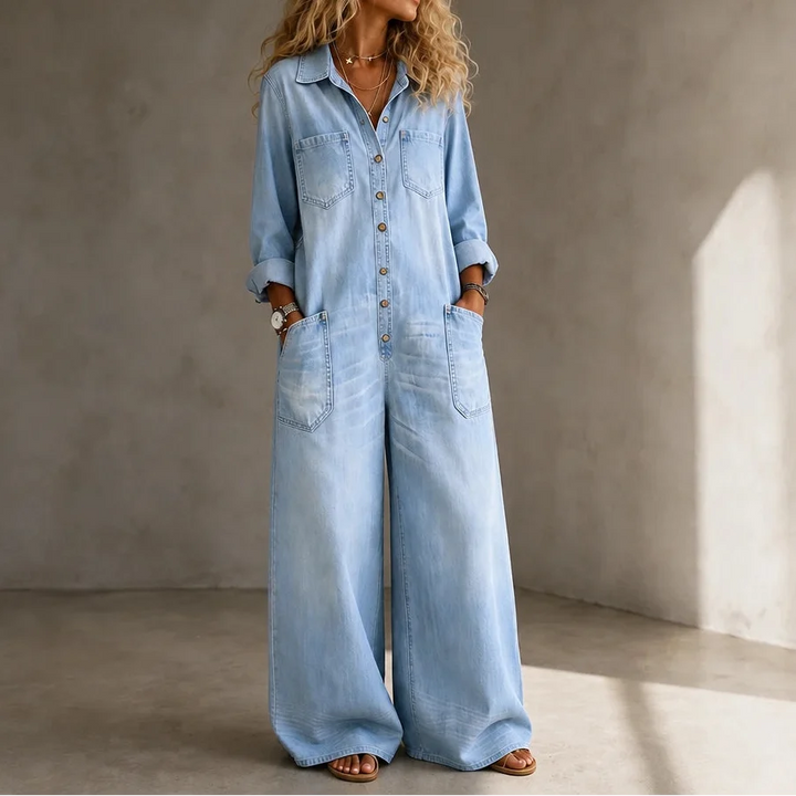 Denimbelle – Button-Front Wide-Leg Denim Jumpsuit