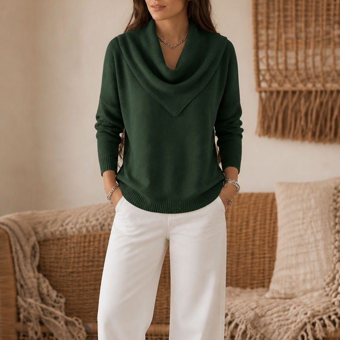 Collarvie – Draped Open-Collar Cowl Neck Sweater