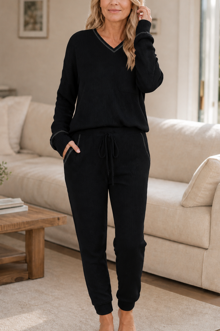 Wearbella – Waffle-Knit-Look V-Neck Lounge Set