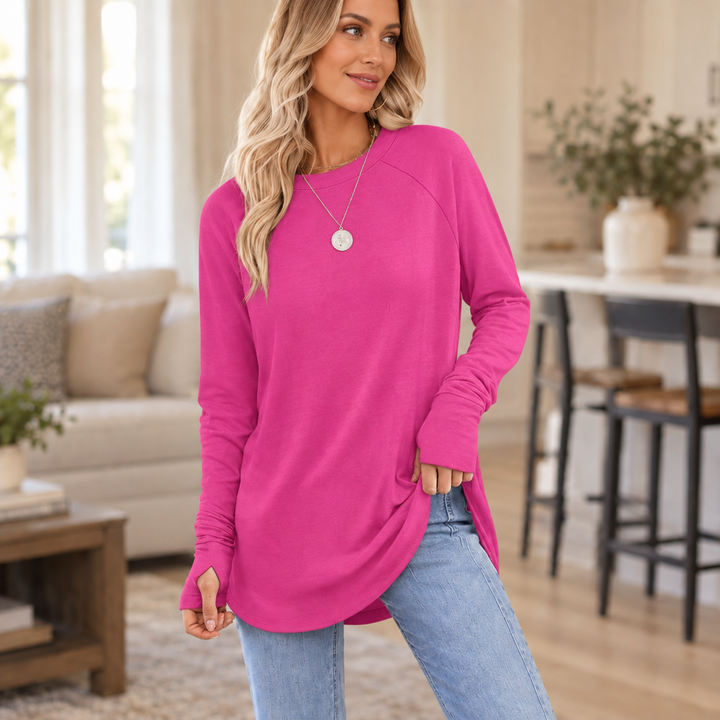 Cozelle – Thumbhole Cuff Side-Split Knit Top