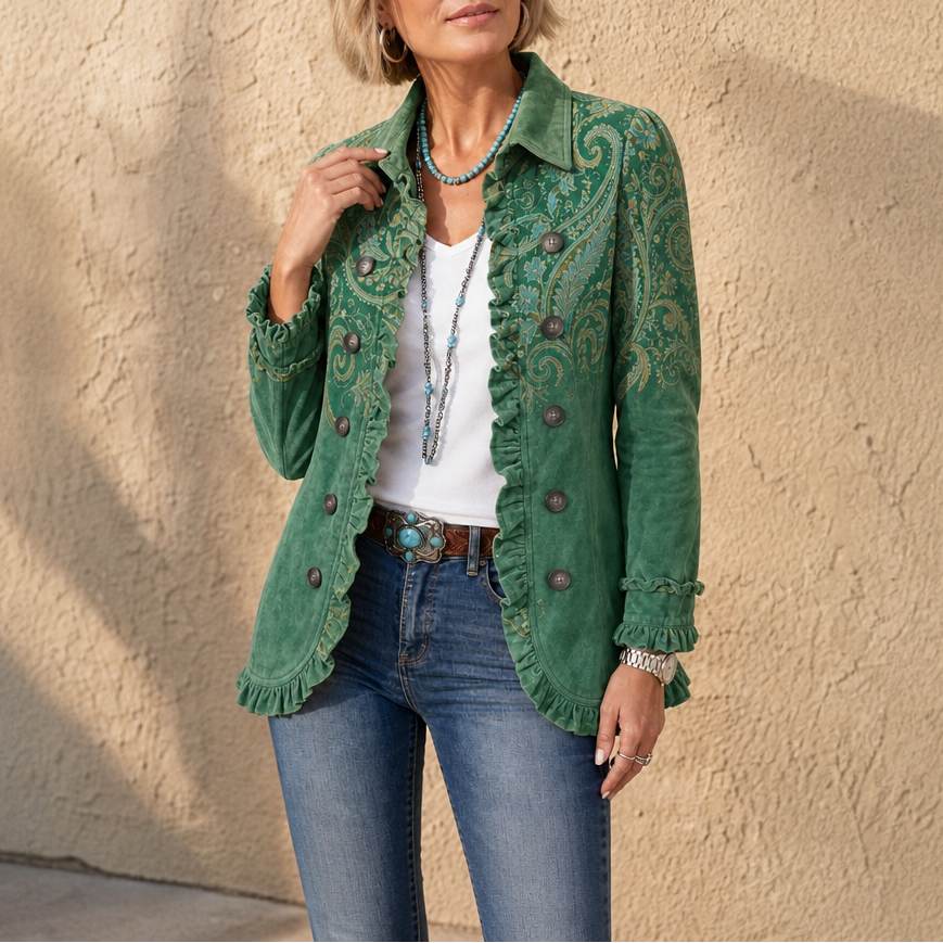 Paisley Belle – Ruffle-Trim Paisley Open-Front Jacket