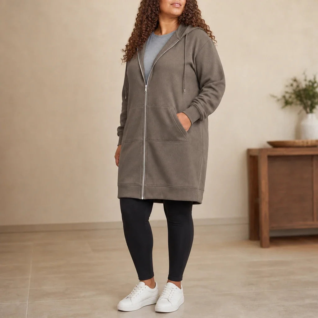 Cozyline – Knee-Length Fleece-Lined Zip-Up Hoodie