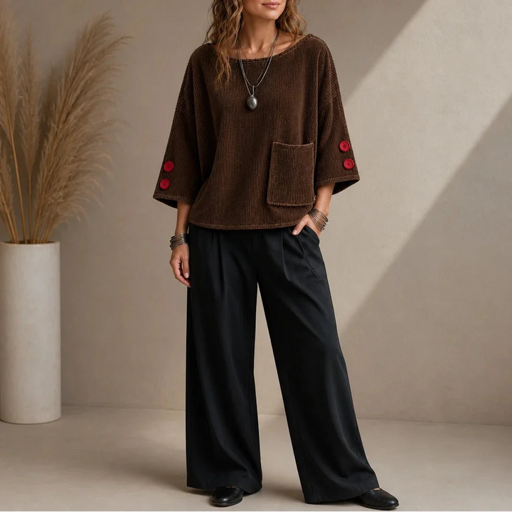 Overa – Ribbed Button-Sleeve Blouse